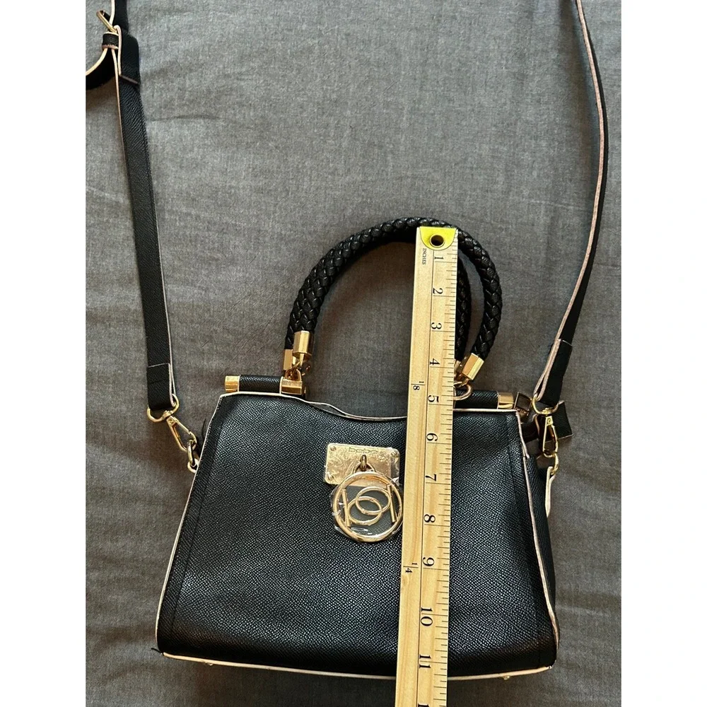 Bebe Black Saffiano Crossbody Satchel Bag Braided Handle Gold Logo Medallion